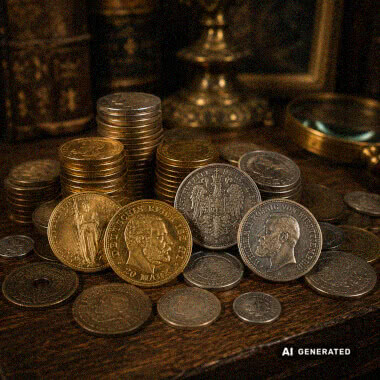 Historische Gold- und Silbermünzen aus verschiedenen Epochen auf dunklem Hintergrund.