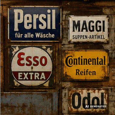 Historische Blech- und Emailleschilder sowie alte Werbeschilder mit sichtbarer Patina als Beispiele für den Schilderankauf.