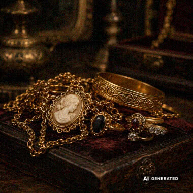 Antiker Goldschmuck mit Ring, Brosche, Kette und Edelsteinen auf dunkler Holzoberfläche.