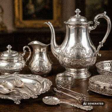 Antikes Silberbesteck, Silberkanne und Silberservice auf dunklem Holztisch – Ankauf von Silber, Silberantikitäten und wertvollen Sammlerstücken.